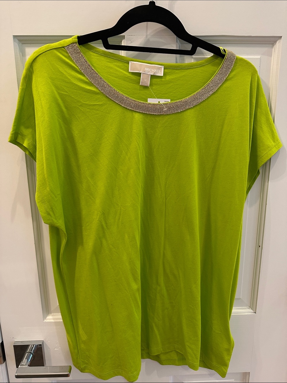 Michael Kors Neon Lime Short Sleeve Top with Beaded Neckline
